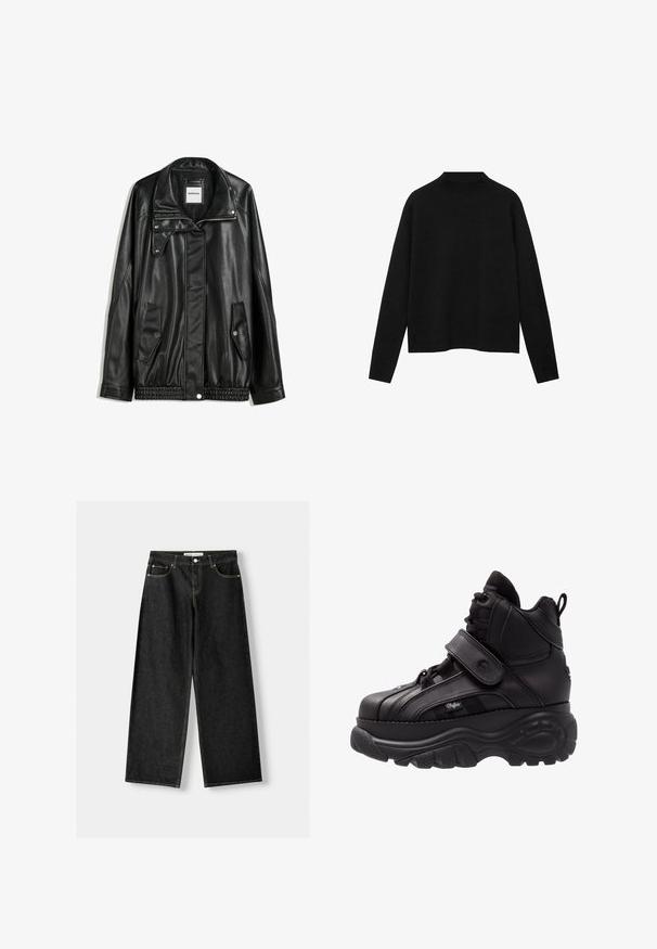 Crna kožna jakna s patentnim zatvaračem sprijeda, zatvaračem na gumbe, dvjema bočnim džepovima i elastičnim rubom. Ima strukturirani ovratnik i glatku teksturu.; Crna rolka od mekanog materijala, s dugim rukavima i opuštenim krojem, s čistem, minimalističkim dizajnom.; Crne traperice širokih nogavica s pet džepova, metalnim gumbom i zatvaračem te kontrastnim žutim šavovima.; Crne visoke tenisice s debelim gumenim potplatom, kožnom gornjom dijelom, vezicama i čičak trakama, te teksturiranim detaljima na bočnim panelima.