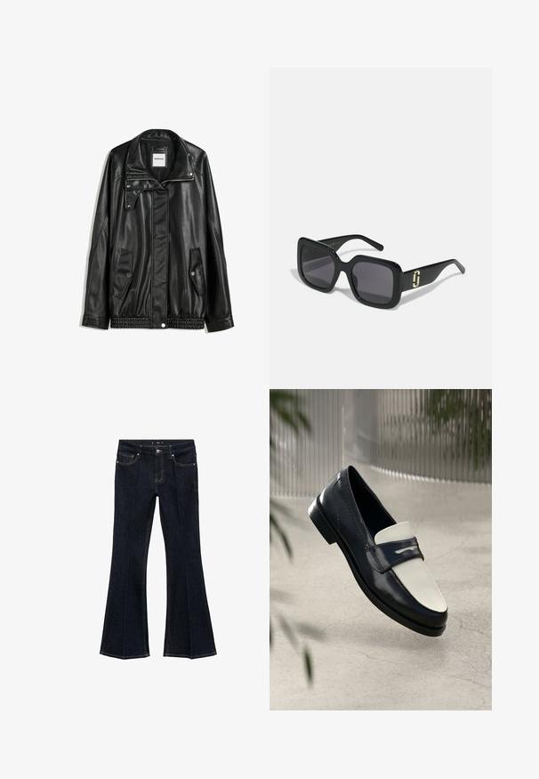 Sort læderjakke med lynlås foran, trykknaplukning, to sidelommer og elastisk kant. Har en struktureret krave og glat overflade.; Sort rullekravesweater lavet af blødt stof, med lange ærmer og en afslappet pasform, samt et rent, minimalistisk design.; Mørkeblå denim jeans med høj talje, forlommer og brede, flagrende ben, udstillet fladt på en hvid baggrund.; Sort og hvid læder slip-on sko med dekorative syninger, svævende over et beton gulv med slørede planter i baggrunden.; Sorte solbriller med en kraftig firkantet stel, mørke linser, glat overflade og en guldaccentdetalje på stængerne.