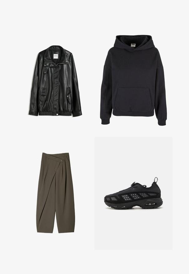 Zwarte leren jas met rits aan de voorkant, drukknopen-sluiting, twee zijzakken en elastische onderrand. Beschikt over een gestructureerde kraag en een gladde textuur.; Zwarte katoenen hoodie met een ruime kangoeroezak, grote capuchon, geribde manchetten en zoom. Eenvoudig ontwerp om over te trekken zonder zichtbare patronen.; Ruime broek in donkergroen stof, met een geplooide voorkant, een knoopsluiting en een gepolijste, gestructureerde afwerking.; Zwarte sportschoen met een gevoerde zool, bovenwerk van mesh en textuuraccenten. Inclusief een trekstaaf en ronde sluiting bovenop.