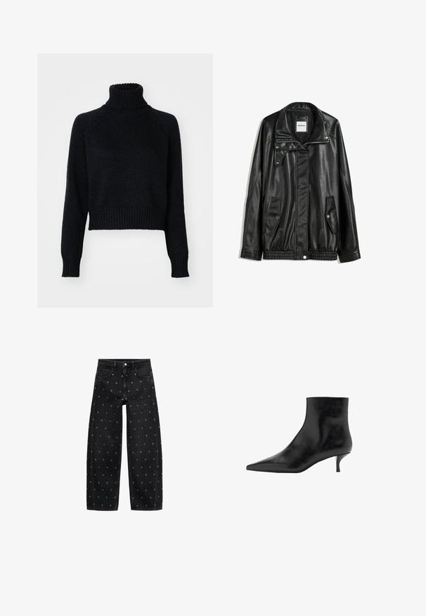 Černá kožená bunda s zipovým zapínáním, zapínáním na cvoky, dvěma bočními kapsami a elastickým lemem. Obsahuje strukturovaný límec a hladkou texturu.; Tmavý pletený rolák s cropped střihem, zdobený žebrovanými manžetami a lemem, a s texturovaným tkaním po celé ploše.; Černé denimové široké kalhoty s vzorem malých stříbrných očínek, klasickým pětikapsovým designem a zapínáním na knoflík.; černá kožená kotníčková bota s špičatou špičkou, štíhlým jehlovým podpatkem a hladkým povrchem. Jednoduchý design, bez dekorativních prvků.