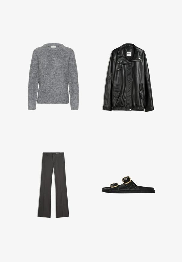 Jachetă din piele neagră cu fermoar frontal, închidere cu capse, două buzunare laterale și tiv elastic. Prezintă un guler structurat și o textură netedă.; Pulover gri din tricot cu mâneci lungi, decolteu rotund și un model texturat. Material moale, cu o croială lejeră și textură côtată.; Pantaloni gri evazați dintr-un material neted, cu un front plat, bucle pentru curea și un design ajustat cu linii curate.; Sandalie negre cu toc plat, cu două accente de cataramă aurie, din material texturat neted și design minimalist.