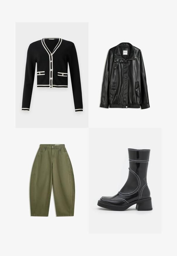 Črna usnjena jakna z zadrgo spredaj, zapiranjem na gumb, dvema stranskima žepoma in elastičnim robom. Ima strukturiran ovratnik in gladko teksturo.; Črn skrajšan kardigan z dolgimi rokavi, belim obrobljanjem na izrezu in žepih, petimi gumbi spredaj, gladka tekstura.; Oliveno zeleni široki hlače iz bombaža, z visokim pasom, sprednjimi žepi in gladko teksturo. Brez okrasnih elementov ali vzorcev.; Črne lakirane gležnjarje z belim šivom, okroglo konico in blok peto. Imajo ukrivljene oblikovne črte in gladko teksturo.