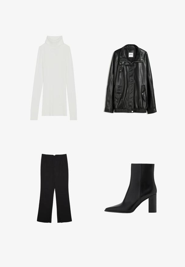 Černá kožená bunda s zipovým zapínáním, zapínáním na cvoky, dvěma bočními kapsami a elastickým lemem. Obsahuje strukturovaný límec a hladkou texturu.; Bílý žebrovaný rolák s dlouhými rukávy, měkká textura a vysoký rolák, s fitted designem a bez viditelných zapínání.; Černé kalhoty s rovným střihem, s předními kapsami a bočními rozparky na lemu. Vyrobené z jemné, hladké tkaniny. Vhodné na různé příležitosti.; Černé kožené kotníkové boty s špičatou špičkou, čtveratým podpatkem, hladkou texturou a švy podél spojů. Výška podpatku je přibližně 8,9 centimetrů.