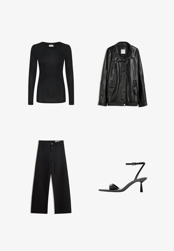 Black leather jacket with zippered front, snap-button closure, two side pockets, and elasticized hem. Features a structured collar and smooth texture.; Black long-sleeve top made of lightweight, sheer material. Features a round neckline and a fitted silhouette with straight hem.; Black wide-leg denim pants with a high waist, featuring front and back pockets, stitched seams, and a button closure. Smooth texture.; Bershka High heeled sandals - black