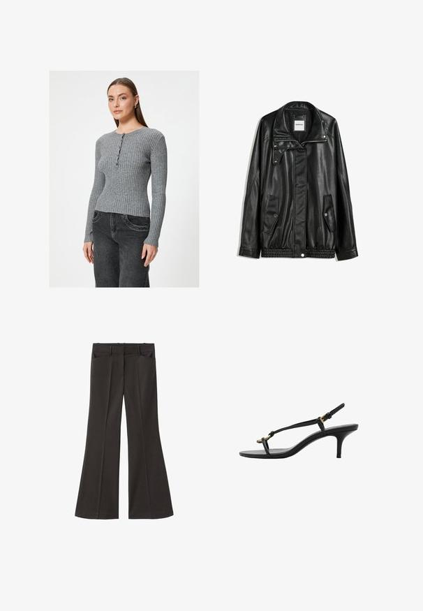 Zwarte leren jas met rits aan de voorkant, drukknopen-sluiting, twee zijzakken en elastische onderrand. Beschikt over een gestructureerde kraag en een gladde textuur.; Grijze geribbelde gebreide trui met een ronde hals en knoopdetails, met lange mouwen en een getailleerde taille. Gepaard met een donkere spijkerbroek.; Zwarte flared broek met een hoge taille; beschikt over twee voorkeurszakken en een gladde stoftextuur. Geschikt voor verschillende gelegenheden.; Zwarte leren kitten heel sandaal met dunne banden, gouden gesp en minimalistische teenlus op een witte achtergrond.