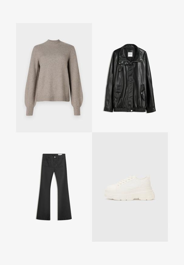 Mustat nahkatakki vetoketjulla edessä, napilla suljettava, kahdella sivutaskulla ja elastisella helmalla. Ominaisuuksiin kuuluu muotoiltu kaulus ja sileä pinta.; Beige neulepaita, jossa on ribbauskaulus, pitkät puffihihat sekä ribbauskantti ja -helmus valkoisella taustalla.; Mustat leveälahkeiset farkut, jotka on valmistettu sileästä denimmateriaalista. Farkuissa on kaksi takataskua ja nappikiinnitys vyötäröllä.; Valkoinen kangaskenkä paksulla pohjalla, pyöreällä kärjellä ja viidellä nauhakuutiolla. Takareunan vipu helpottaa pukemista. Sileä pinta, minimalistinen muotoilu.