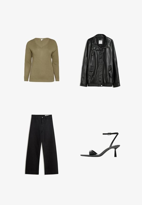 Schwarze Lederjacke mit Reißverschluss vorne, Knopfverschluss, zwei seitlichen Taschen und elastischem Saum. Verfügt über einen strukturierten Kragen und eine glatte Textur.; Strickpullover in Olivgrün mit V-Ausschnitt, langen Ärmeln und strukturiertem Stoff mit geripptem Saum und Bündchen.; Schwarze weit geschnittene Jeans mit hoher Taille, ausgestattet mit Vorder- und Hintertaschen, gesteppten Nähten und einem Knopfverschluss. Glatte Textur.; Bershka High Heel Sandalette - black