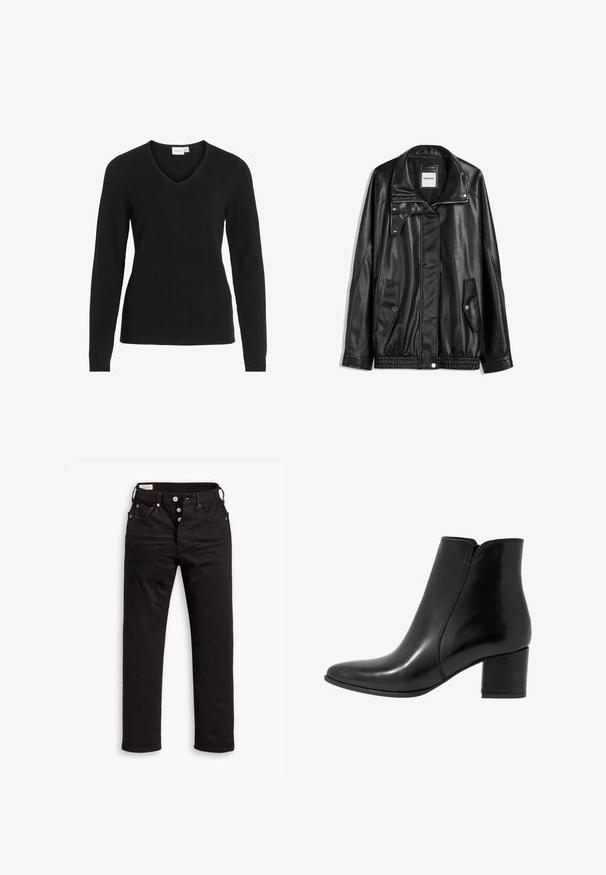 Mustat nahkatakki vetoketjulla edessä, napilla suljettava, kahdella sivutaskulla ja elastisella helmalla. Ominaisuuksiin kuuluu muotoiltu kaulus ja sileä pinta.; Mustat V-puolella oleva villapaita pehmeästä kankaasta, jossa on pitkät hihat, ribbaus helmassa ja hihoissa, sekä yksinkertainen ja klassinen muotoilu.; Mustat suorat farkut napituslennolla, etu- ja takataskuilla sekä kuparisilla niiteillä valkoista taustaa vasten.; Anna Field LEATHER - Klassiset nilkkurit - black