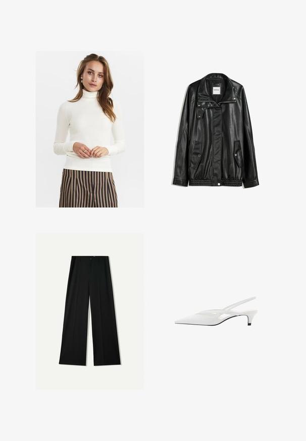 Jachetă din piele neagră cu fermoar frontal, închidere cu capse, două buzunare laterale și tiv elastic. Prezintă un guler structurat și o textură netedă.; Pulover alb cu guler înalt, cu mânici lungi, textură moale, cu un design ajustat. Asortat cu pantaloni stripati în nuanțe de maro și bleumarin, ce emană o eleganță subtilă.; Bershka WIDE - Pantaloni - black; Sandale albe cu toc slingback și vârf ascuțit, având un upper neted, decupaje subtile și un toc bloc mic. Talpa neagră accentuează designul.
