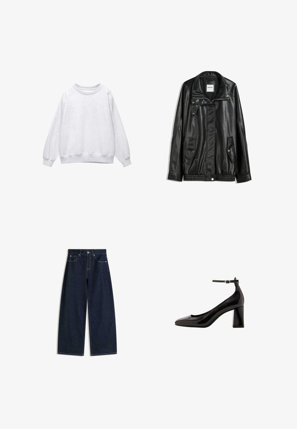 Jachetă din piele neagră cu fermoar frontal, închidere cu capse, două buzunare laterale și tiv elastic. Prezintă un guler structurat și o textură netedă.; Hanorac deschis la culoare, cu guler rotund, mâneci lungi și manșete și tiv cu nervuri, expus pe un fundal alb.; Blugi din denim albastru închis cu picioare largi, buzunare frontale, închidere cu nasturi și cusături vizibile pe un fundal alb.; Pantofi cu toc cu curea la gleznă din piele patentată neagră, cu un finisaj glossy, vârf ascuțit și toc gros. Textură netedă, detalii minime.