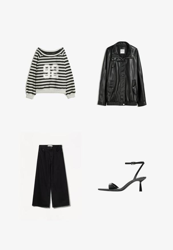 Schwarze Lederjacke mit Reißverschluss vorne, Knopfverschluss, zwei seitlichen Taschen und elastischem Saum. Verfügt über einen strukturierten Kragen und eine glatte Textur.; Gestreifte Sweatshirt in Schwarz und Grau mit einem schulterfreien Design und einem auffälligen weißen "92"-Druck auf der Vorderseite. Weicher Stoff, mit Bündchen an den Ärmeln.; Bershka WIDE-LEG - Wide Leg - black; Bershka High Heel Sandalette - black