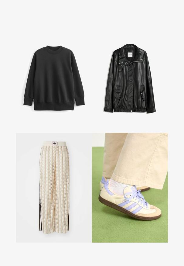 Czarna skórzana kurtka z zamkiem błyskawicznym z przodu, z zapięciem na napy, dwoma bocznymi kieszeniami i elastycznym dołem. Ma wyprofilowany kołnierz i gładką teksturę.; Czarna bluza z bawełnianego materiału. Posiada okrągły, prążkowany dekolt, długie rękawy i luźny krój z prążkowanymi mankietami i dołem.; Kremowe szerokie spodnie w stylu palazzo z wzorem w zygzak, z czarnym paskiem z logo oraz bocznymi czarnymi paskami. Lekki, teksturowany materiał.; Kremowe i lawendowe trampki z trzema paskami oraz teksturowaną brązową podeszwą, wyposażone w sznurówki i wyścieloną piętę. Górna część z miękkiego materiału.