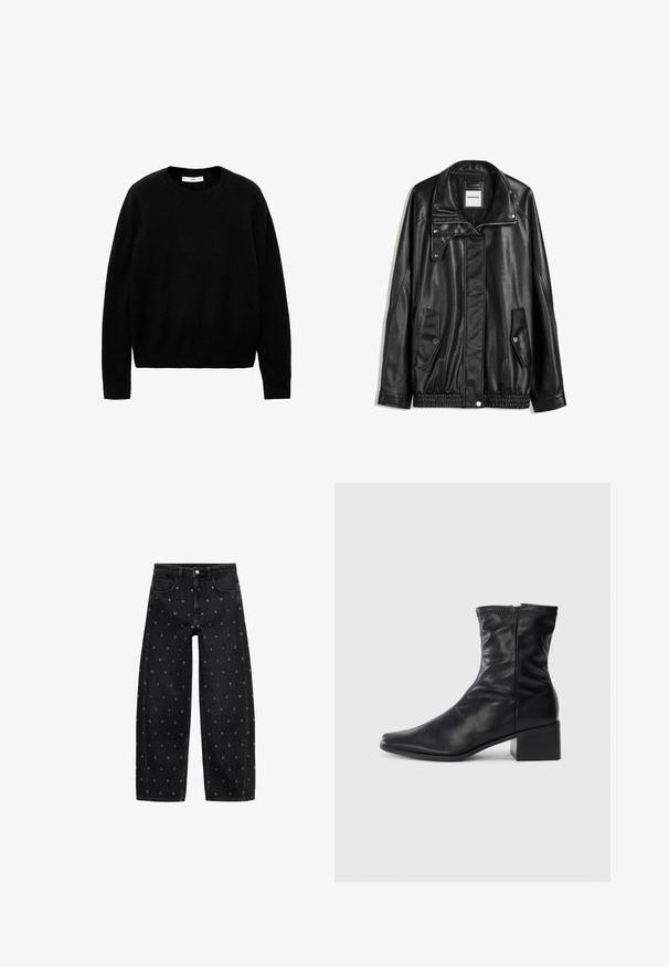 Schwarze Lederjacke mit Reißverschluss vorne, Knopfverschluss, zwei seitlichen Taschen und elastischem Saum. Verfügt über einen strukturierten Kragen und eine glatte Textur.; Schwarzer Rundhalsausschnitt-Pullover aus weichem Stoff, mit langen Ärmeln und einem schlichten, einfachen Design ohne ausgeprägte Muster oder Akzente.; Schwarze Jeans mit weitem Bein aus Denim, verziert mit einem Muster aus kleinen silbernen Ösen, klassischem Fünf-Taschen-Design und Knopfverschluss vorne.; Schwarze Lederstiefelette bis zur Wade mit quadratischer Zehenform, seitlichem Reißverschluss und Blockabsatz auf einem schlichten weißen Hintergrund.