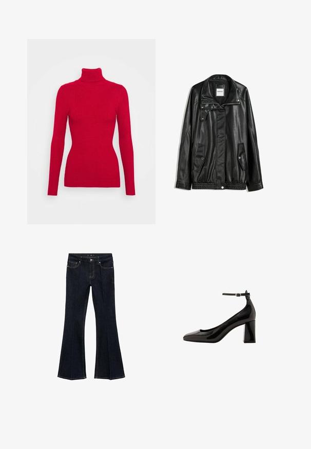 Černá kožená bunda s zipovým zapínáním, zapínáním na cvoky, dvěma bočními kapsami a elastickým lemem. Obsahuje strukturovaný límec a hladkou texturu.; Červený pletený rolák s dlouhými rukávy, strukturovaná tkanina, přiléhavý střih a vysoký límec. Žádné viditelné ozdoby.; Tmavě modré denimové džíny s vysokým pasem, předními kapsami a rozšířenými nohavicemi, vystavené na bílém pozadí.; Černé lakované lodičky s ankletovým páskem, lesklým povrchem, špičatou špičkou a silným blokovým podpatkem. Hladký povrch, minimální detaily.