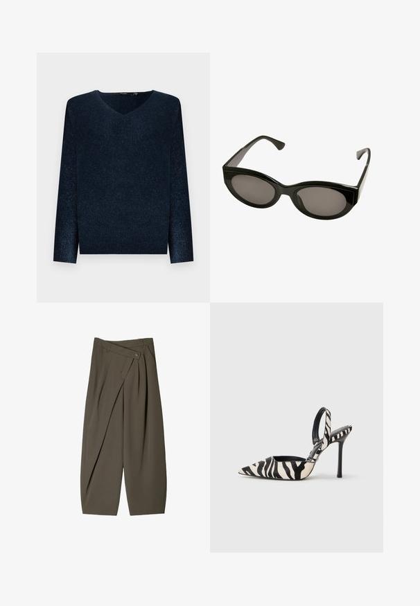 Črna usnjena jakna z zadrgo spredaj, zapiranjem na gumb, dvema stranskima žepoma in elastičnim robom. Ima strukturiran ovratnik in gladko teksturo.; Mornarsko modra rebrasta pletena majica z V-izrezom, dolgimi rokavi in sproščenim krojem. Mehak material z rahlim sijajem po celotni tkanini.; Široki hlače iz temno olivno zelene tkanine, z nagubanimi sprednjimi deli, gumbom za zapiranje in sijajno, teksturirano površino.; Črno-beli zebra vzorec na čevlju z visokim peto, odprto peto in ostrim sprednjim delom, s tanko špičasto peto na enobarvnem ozadju.; Črne sončna očala z sijočo površino, ovalnimi lečami in ostrimi okvirji. Oblika vključuje debele ročke in eleganten silhuet.; Rjava usnjena torba z zaobljenim ročajem, subtilno teksturo in detajli iz zlatih kovin; vključuje snemljiv ramenski trak in oznako.