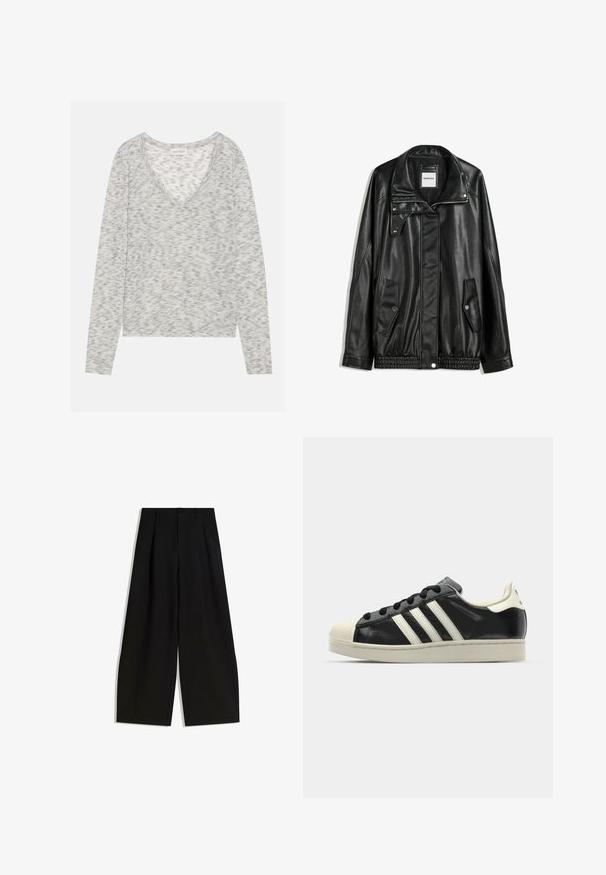 Zwarte leren jas met rits aan de voorkant, drukknopen-sluiting, twee zijzakken en elastische onderrand. Beschikt over een gestructureerde kraag en een gladde textuur.; Grijze lange mouw top met een V-hals ontwerp, met een subtiele gestructureerde textuur en zachte tricot materiaal. Label zegt "ANNA FIELD."; Zwarte wijde pijpen broek van gladde stof, met een hoge taille, plooien aan de voorkant en geen zichtbare versieringen of patronen.; Zwarte leren sneaker met witte strepen, rubberen teenbescherming, zwarte veters en een crèmekleurige loopzool. Glad oppervlak met een glanzende afwerking.