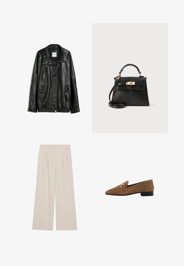 Veste en cuir noir avec fermeture éclair à l'avant, patte de boutonnage, deux poches latérales et ourlet élastiqué. Elle présente un col structuré et une texture lisse.; Camisole noir avec des bretelles spaghetti ajustables, présentant une garniture en dentelle le long de l'encolure et de l'ourlet. Fabriqué à partir d'un tissu doux et transparent.; Pantalons larges beiges avec une taille plate, des plis et une ceinture élastique. Fabriqués à partir d'un tissu léger avec une texture lisse.; Mocassins en suede marron à bout pointu, avec une accentuation en boucle dorée et un petit talon noir. Texture simple et lisse, design classique.; Sac à main en cuir noir au design structuré, avec anses supérieures, une bandoulière amovible et des garnitures en ton doré sur une fermeture magnétique.