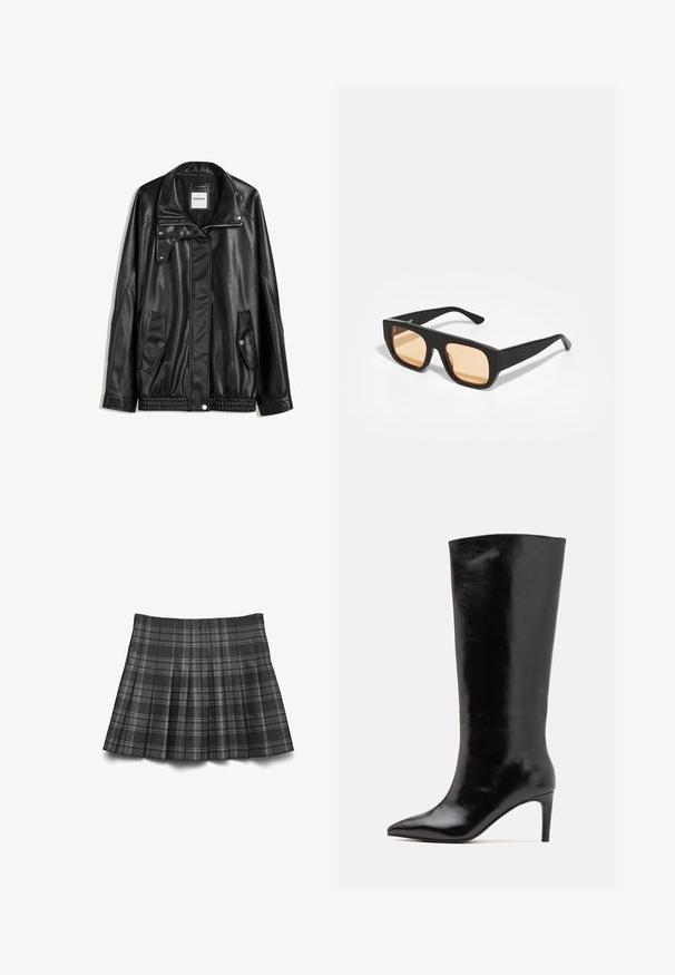 Czarna skórzana kurtka z zamkiem błyskawicznym z przodu, z zapięciem na napy, dwoma bocznymi kieszeniami i elastycznym dołem. Ma wyprofilowany kołnierz i gładką teksturę.; Ciemnoniebieska koszula dżinsowa z zapięciem na guziki z przodu, dwoma kieszeniami na piersi, zatrzaskami oraz kontrastowymi przeszyciami wzdłuż szwów.; Czarna i szara spódnica w kratę, plisa z gładką fakturą, z pionowymi i poziomymi liniami dla strukturalnego wzoru.; Call it Spring RHODDE czarny; Czarne okulary przeciwsłoneczne w kwadratowym kształcie z pomarańczowymi soczewkami. Matowe wykończenie z grubymi oprawkami. Proste zauszniki bez zdobień.