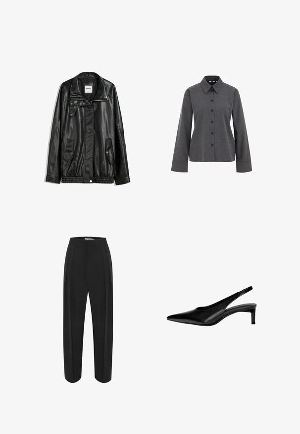 Fekete bőrkabát cipzáros elejével, patentos záródással, két oldalsó zsebbel és elasztikus aljjal. Struktúrált gallérral és sima textúrával rendelkezik.; WE Fashion Gombos blúz - grey; Fekete, bő szabású nadrág magas derékkal, sima textúrával és két elülső pliszével. Tiszta, szabott vonalvezetés jellemzi.; Fekete bőr pánt nélküli cipő hegyes orral, alacsony talppal és oldalsó kivágásokkal. Sima textúrájú, elegáns megjelenésű.