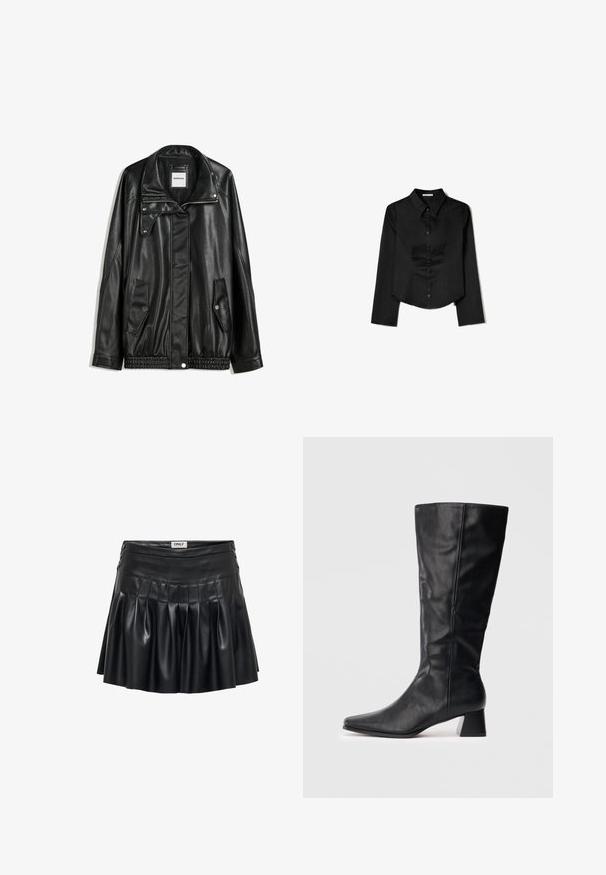 Zwarte leren jas met rits aan de voorkant, drukknopen-sluiting, twee zijzakken en elastische onderrand. Beschikt over een gestructureerde kraag en een gladde textuur.; Zwarte langetermijnshirt gemaakt van soepele stof, met een puntige kraag, sluiting met knopen aan de voorkant en een cropped zoom met zijsplitten.; Zwarte nep leren rok met plooien, een aansluitende taille en decoratieve hardware aan de zijkanten. Glad materiaal met een glanzende afwerking.; Zwarte leren laars tot halverwege het kalf met spitse neus en blokhak op een plain lichte achtergrond.