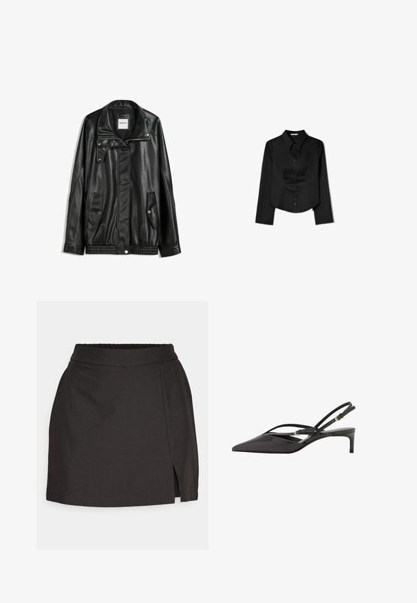 Zwarte leren jas met rits aan de voorkant, drukknopen-sluiting, twee zijzakken en elastische onderrand. Beschikt over een gestructureerde kraag en een gladde textuur.; Zwarte langetermijnshirt gemaakt van soepele stof, met een puntige kraag, sluiting met knopen aan de voorkant en een cropped zoom met zijsplitten.; Zwarte rok gemaakt van gladde stof, met een elastische tailleband, een rechte snit en een zijsplit voor gemakkelijk bewegen.; Zwarte leren slingback pump met een spitse neus, slanke enkelbandjes en een lage stilettohak. Gladde textuur met een minimalistisch ontwerp.