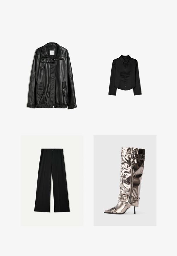 Črna usnjena jakna z zadrgo spredaj, zapiranjem na gumb, dvema stranskima žepoma in elastičnim robom. Ima strukturiran ovratnik in gladko teksturo.; Črna srajca dolgimi rokavi, izdelana iz gladkega materiala, z ostrim ovratnikom, sprednjim gumbom in krajšo obrobo z stranskimi razpoki.; Bershka WIDE - Hlače - black; Metalne čizme do kolen s tankim potpeticama, šiljastim prstom, zatvaranjem na munju i zakovicama s kopčom. Imaju naboranu teksturu.