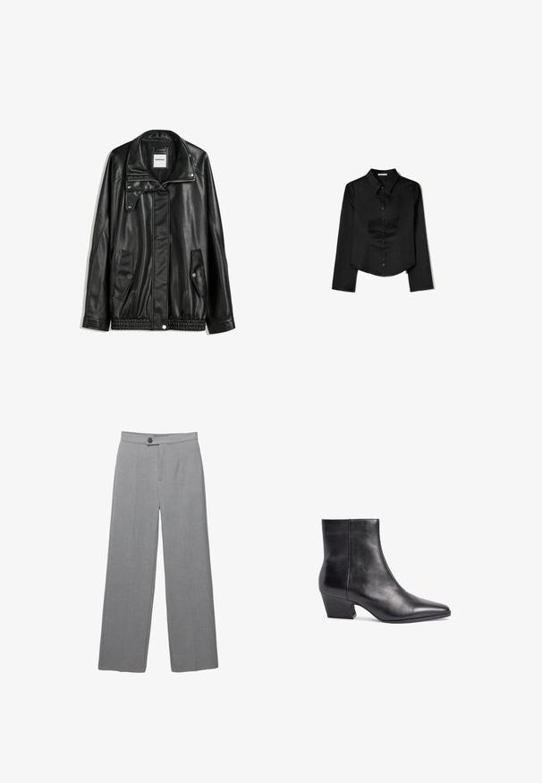 Svart läderjacka med dragkedja framtill, tryckknappsstängning, två sidofickor och elastiskt fåll. Har en strukturerad krage och slät yta.; Svart långärmad skjorta i slätt tyg, med spetsig krage, framknappning och cropped nederkant med sidofrack.; Grå skräddarsydda byxor med vida ben, flat front och subtil textur. Har en enknappsstängning och rena linjer.; Svart läderankelboot med spetsig tå, medelhög blockklack och slät yta. Har en minimalistisk design utan synlig hårdvara.