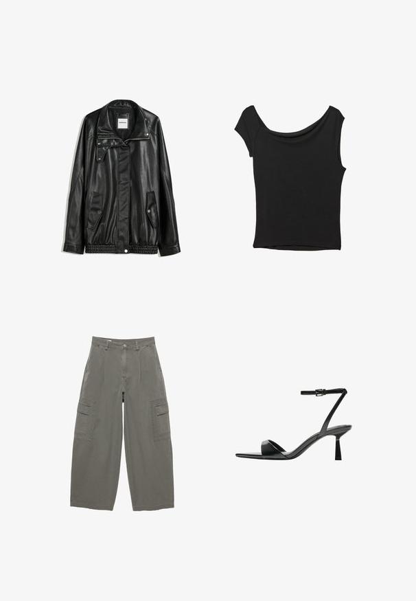 Veste en cuir noir avec fermeture éclair à l'avant, patte de boutonnage, deux poches latérales et ourlet élastiqué. Elle présente un col structuré et une texture lisse.; Haut noir à manches courtes en tissu lisse ; il présente un col drapé et un ourlet asymétrique, avec un corps ajusté.; Pantalons cargo en tissu vert olive, avec des jambes larges, des poches avant et deux poches cargo latérales avec rabats. Matière en coton texturé.; Bershka Sandales à talons hauts - black