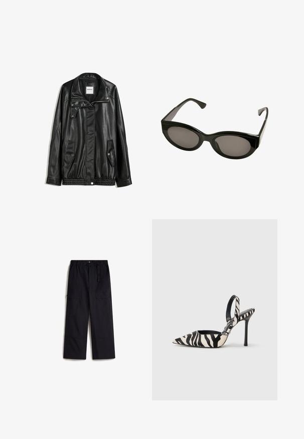 Giubbotto in pelle nera con zip frontale, chiusura a bottoni a pressione, due tasche laterali e orlo elasticizzato. Presenta un colletto strutturato e una texture liscia.; Camisole nera con spalline reggibili, caratterizzata da un bordo in pizzo ondulato lungo il collo e una texture di tessuto morbido e fluente.; Pantaloni cargo neri con vita elasticizzata, cintura regolabile e due tasche laterali. Realizzati in un tessuto leggero e testurizzato.; Tacco slingback con punta affusolata in stampa zebras nera e crema, con un tacco alto sottile e design aperto sul retro con interno nero.; Occhiali da sole neri con finitura lucida, lenti ovali e montatura angolare. Il design presenta tempie spesse e una silhouette elegante.; Borsa in pelle marrone con manico arrotondato, leggera texture e dettagli in oro; include una tracolla removibile e un'etichetta.