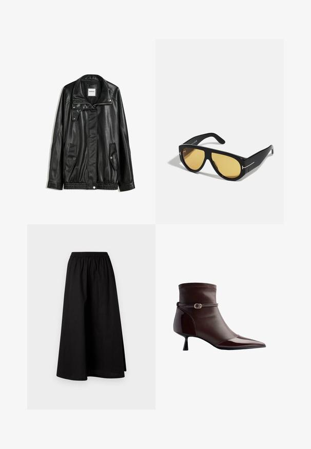 Veste en cuir noir avec fermeture éclair à l'avant, patte de boutonnage, deux poches latérales et ourlet élastiqué. Elle présente un col structuré et une texture lisse.; Chemise blanche à manches longues avec un col pointu et un ourlet arrondi, présentée sur un fond uni.; Jupe noire arrivant aux genoux, fabriquée en matériau léger avec une taille élastique et une silhouette décontractée en A. Ne présente aucun motif visible.; Bottine en cuir marron avec un bout pointu, un petit talon kitten, et une fine sangle avec une petite boucle en or autour de la cheville.; Lunettes de soleil noires avec une monture géométrique, verres jaunes et accents dorés sur les branches. Texture lisse, forme large, design contemporain.