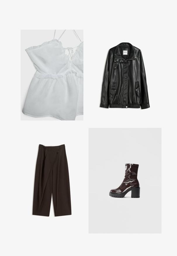 Schwarze Lederjacke mit Reißverschluss vorne, Knopfverschluss, zwei seitlichen Taschen und elastischem Saum. Verfügt über einen strukturierten Kragen und eine glatte Textur.; Weißes ärmelloses Oberteil mit Rüsche, verstellbaren Trägern und gerafftem Bund. Hergestellt aus leichtem Stoff mit weicher Textur.; Dunkelbraune, weite Hosen mit hohem Bund, die über einen einzigen Knopfverschluss und eine gefaltete Vorderseite verfügen. Hergestellt aus leichtem Stoff.; Glatte bordeauxrote Ankle Boots mit einem klobigen schwarzen Absatz, die eine glatte Oberfläche und ein einfaches Design aufweisen. Keine sichtbaren Verschlüsse oder Muster.