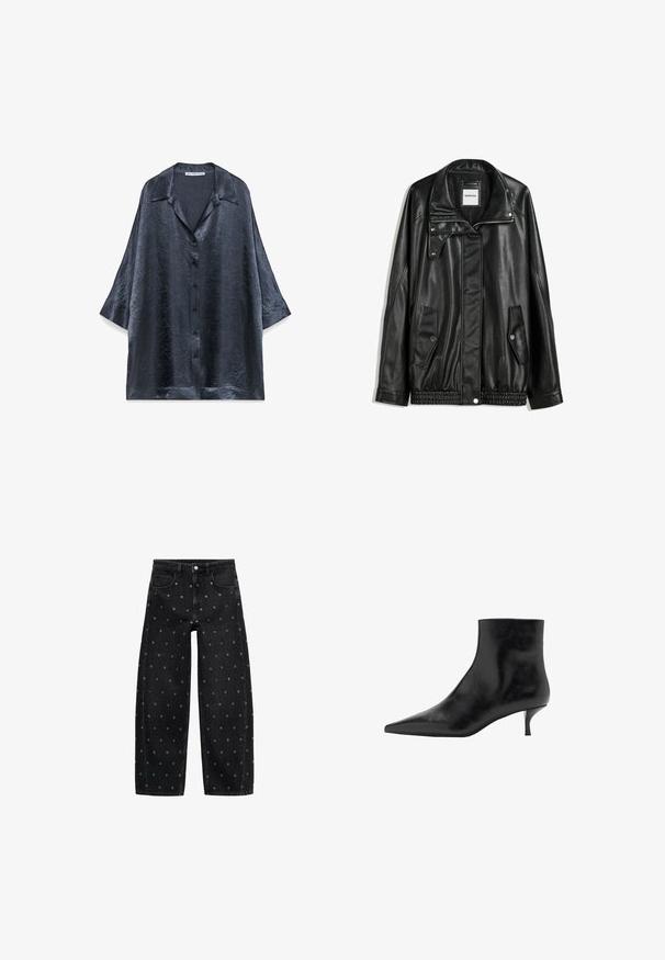 Schwarze Lederjacke mit Reißverschluss vorne, Knopfverschluss, zwei seitlichen Taschen und elastischem Saum. Verfügt über einen strukturierten Kragen und eine glatte Textur.; Dunkelblaue, strukturierte Bluse mit glänzender Oberfläche, Knopfleiste und kurzen Ärmeln. Sie verfügt über einen klassischen Kragen und einen lockeren, oversized Schnitt.; Schwarze Jeans mit weitem Bein aus Denim, verziert mit einem Muster aus kleinen silbernen Ösen, klassischem Fünf-Taschen-Design und Knopfverschluss vorne.; Schwarze Lederstiefelette mit spitz zulaufender Zehenpartie, schlankem Kitten-Absatz und glatter Textur. Schlichtes Design, ohne dekorative Akzente.