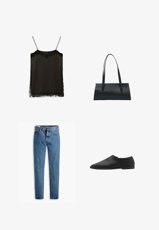 Black leather jacket with zippered front, snap-button closure, two side pockets, and elasticized hem. Features a structured collar and smooth texture.; Black camisole with adjustable spaghetti straps, featuring lace trim along the neckline and hem. Made from a soft, sheer fabric.; Light blue denim jeans with a straight cut, five pockets, and standard button-fly closure. Features orange stitching and a slightly faded texture.; Black leather slip-on shoe with a rounded toe and minimalistic design. Features a smooth texture and low-profile rubber sole.; ESTRO Z DŁUGIMI RĄCZKAMI - Handbag - black