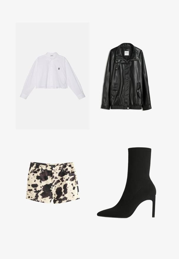 Sort læderjakke med lynlås foran, trykknaplukning, to sidelommer og elastisk kant. Har en struktureret krave og glat overflade.; Hvid kortærmet button-up skjorte med lange ærmer, der har en klassisk krave og et lille sort broderet logo på venstre bryst.; Denim shorts med en beige base og et sort og brunt cow print. Har fem lommer, metal knaplukning og kontrastsyning.; Sort ankelstøvle fremstillet af blødt suede, med spids tå og høj stilettohæl. Minimalistisk design uden synligt hardware eller mønstre.