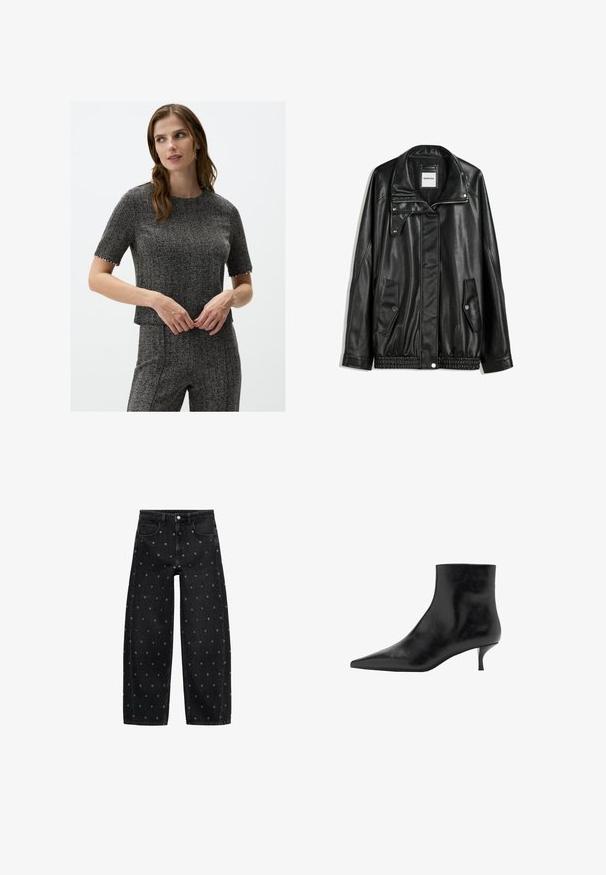 Zwarte leren jas met rits aan de voorkant, drukknopen-sluiting, twee zijzakken en elastische onderrand. Beschikt over een gestructureerde kraag en een gladde textuur.; Grijs houndstooth-patroon top met korte mouwen en een ronde hals, versierd met biesjes op de mouwen. Glad textuur, aansluitend ontwerp.; Zwarte denim wide-leg jeans met een patroon van kleine zilveren oogjes, met een klassieke vijf-pocket design en een knoopsluiting aan de voorkant.; Zwarte leren enkelboot met een puntige neus, slanke kittenhak en een gladde textuur. Eenvoudig ontwerp, geen decoratieve accenten.