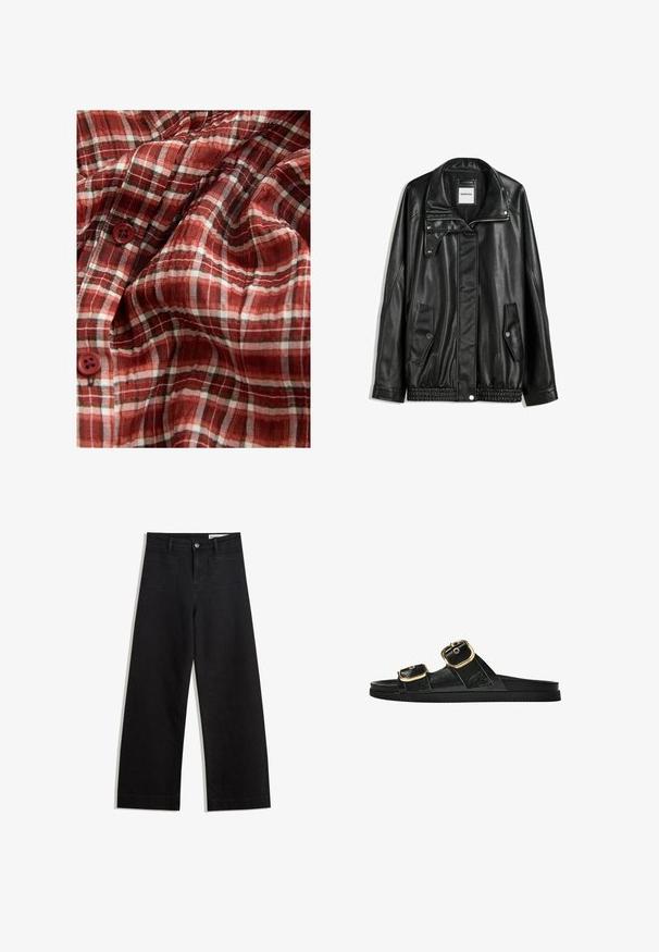 Črna usnjena jakna z zadrgo spredaj, zapiranjem na gumb, dvema stranskima žepoma in elastičnim robom. Ima strukturiran ovratnik in gladko teksturo.; Rdeča in bela karirana tkanina z lahkotno teksturo, ki vsebuje štiri gumbke. Vzorec vključuje tanke črne črte za podrobnosti.; Črne široke denim hlače z visokim pasom, ki imajo sprednje in zadnje žepe, šivane šive ter gumbasto zapiranje. Gladka tekstura.; Črne drsne sandale z dvema zlatima zaponkama, gladkega materiala, ravnim podplatom in minimalističnim dizajnom.