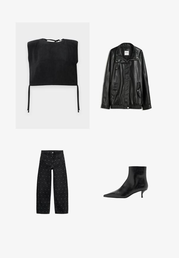 Crna kožna jakna s patentnim zatvaračem sprijeda, zatvaračem na gumbe, dvjema bočnim džepovima i elastičnim rubom. Ima strukturirani ovratnik i glatku teksturu.; Crna skraćena majica od glatke nubuk kože, s visokim vratom i vezivanjem na dnu. Jednostavan, minimalistički dizajn.; Crne traperice širih nogavica s uzorkom malih srebrnih grometa, klasičnog dizajna s pet džepova i zatvaranjem na kopčanje.; Crne kožne čizme do gležnja s uskim vrhom, vitkim petom i glatkom teksturom. Jednostavan dizajn, bez dekorativnih aksesoara.