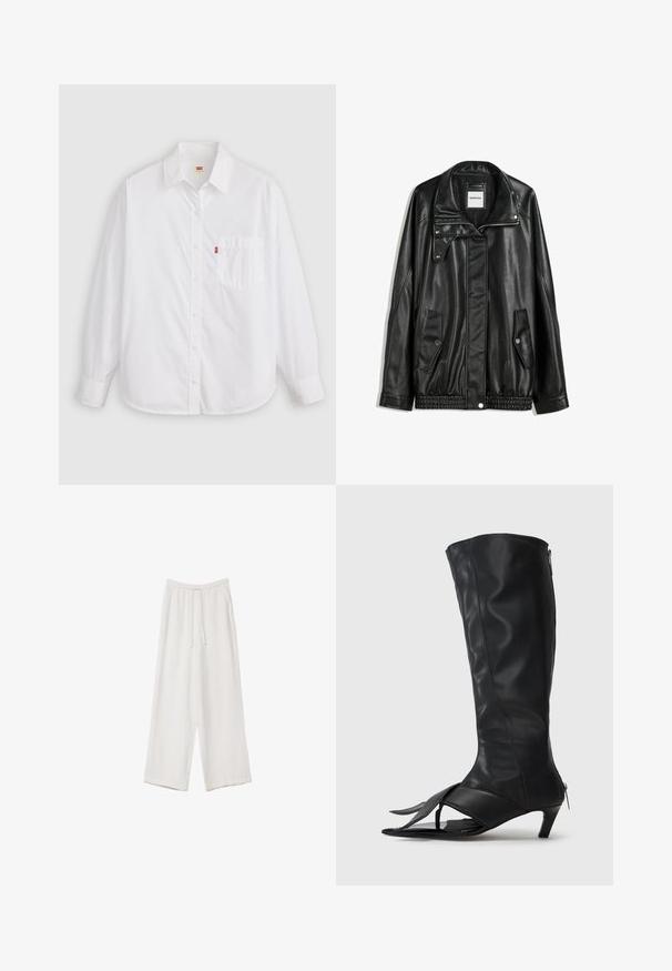 Black leather jacket with zippered front, snap-button closure, two side pockets, and elasticized hem. Features a structured collar and smooth texture.; White long-sleeve button-up shirt made of cotton. Features a collar, a front pocket, rounded hem, and a small red logo tag near the pocket.; White wide-leg trousers made from a lightweight fabric. Features an elastic waistband with a drawstring and side pockets. Smooth texture.; Black leather knee-high boots with open toe and heel, featuring a tapered heel and side zipper for easy wear. Smooth texture and sleek design.