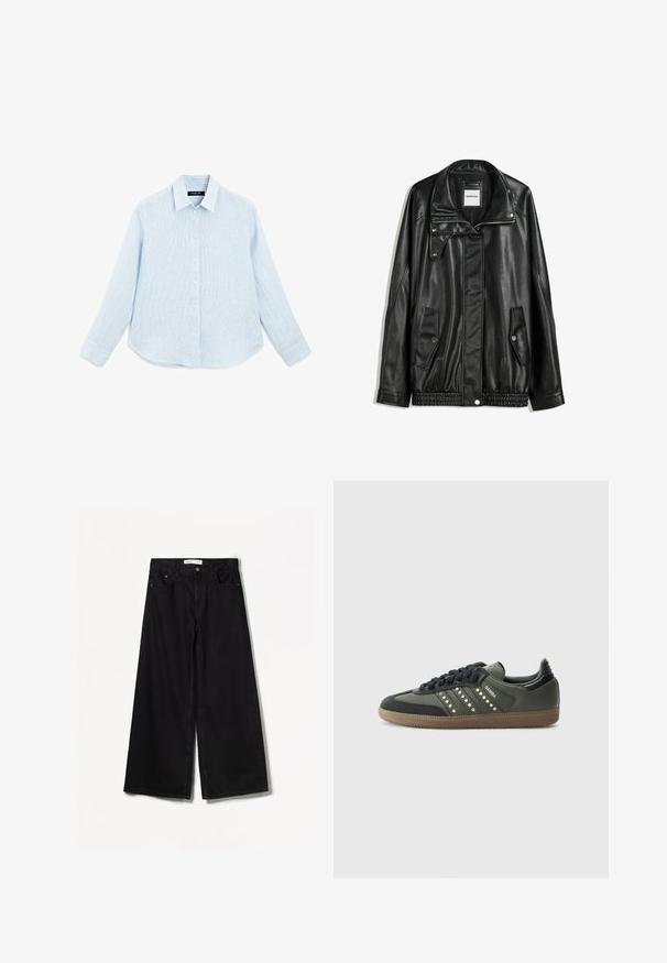 Sort læderjakke med lynlås foran, trykknaplukning, to sidelommer og elastisk kant. Har en struktureret krave og glat overflade.; Lys blå, langærmet skjorte med knaplukning lavet af tekstureret stof. Har en spids krave, forreste knapper og en buet kant.; Bershka WIDE-LEG - Wide leg - black; adidas Originals SAMBA OG - Sneakers - core black/legend earth/gum