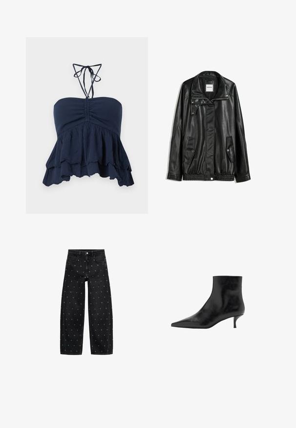 Jachetă din piele neagră cu fermoar frontal, închidere cu capse, două buzunare laterale și tiv elastic. Prezintă un guler structurat și o textură netedă.; Top strălucitor de culoare albastru marin, fără bretele, cu un corp plisat, margine volanată și legături subțiri la gât. Material moale, texturat, cu o ajustare lejeră, ideal pentru purtarea casual.; Jeans din denim negru, cu picioare largi, având un model de mici gromete argintii, cu un design clasic cu cinci buzunare și închidere cu buton în față.; Botine negre din piele, cu vârf ascuțit, toc subțire tip kitten și textură netedă. Design simplu, fără accente decorative.