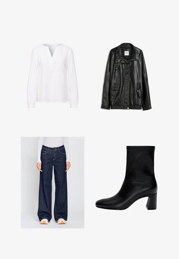 Schwarze Lederjacke mit Reißverschluss vorne, Knopfverschluss, zwei seitlichen Taschen und elastischem Saum. Verfügt über einen strukturierten Kragen und eine glatte Textur.; Weiße Bluse mit langen Ärmeln aus weichem Stoff, mit V-Ausschnitt, gerafften Schultern und geknöpften Manschetten für eine lockere Passform.; Gang 94AMELIE - Jeans Straight Leg - prewashed; Schwarzer Knöchelstiefel aus glattem Leder. Mit quadrater Zehenpartie, elastischem Schaft und einem stabilen Blockabsatz. Minimalistisches Design.