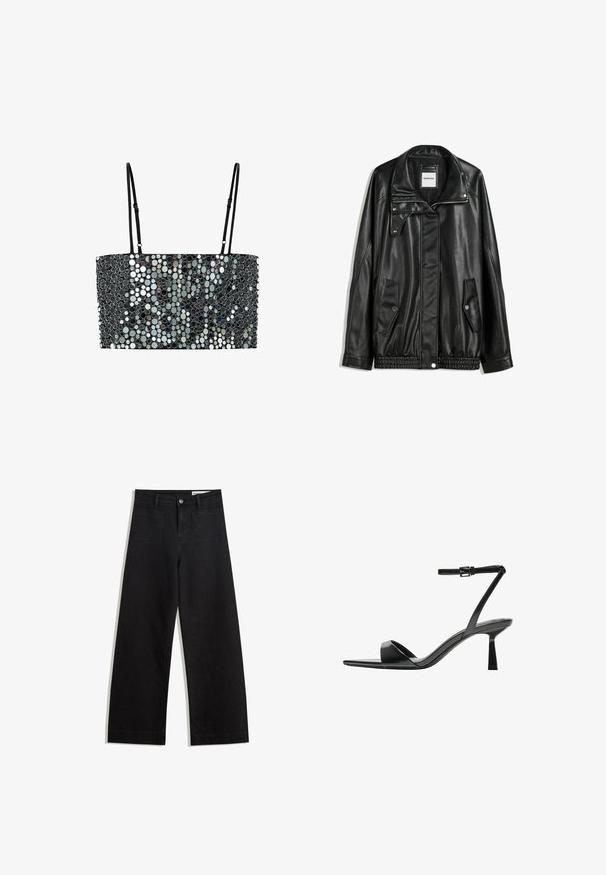 Czarna skórzana kurtka z zamkiem błyskawicznym z przodu, z zapięciem na napy, dwoma bocznymi kieszeniami i elastycznym dołem. Ma wyprofilowany kołnierz i gładką teksturę.; Mango TOCTOC szary; Czarne dżinsowe spodnie o szerokich nogawkach i wysokim stanie, z przednimi i tylnymi kieszeniami, przeszyciami oraz zapięciem na guziki. Gładka struktura.; Bershka - Sandały na obcasie