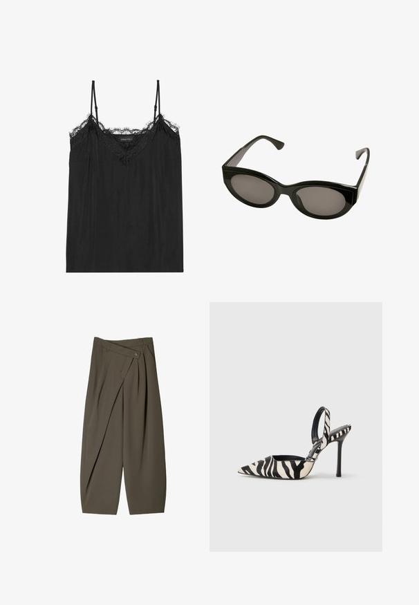 Zwarte leren jas met rits aan de voorkant, drukknopen-sluiting, twee zijzakken en elastische onderrand. Beschikt over een gestructureerde kraag en een gladde textuur.; Zwarte camisole met verstelbare spaghetti bandjes, voorzien van een geschulpte kanten rand langs de halslijn en een vloeiende, zachte stofstructuur.; Ruime broek in donkergroen stof, met een geplooide voorkant, een knoopsluiting en een gepolijste, gestructureerde afwerking.; Puntige slingback hak in zwart en crèmekleurig zebra print, met een slanke hoge hak en open achterkant, voorzien van een zwarte binnenkant.; Zwarte zonnebril met een glanzende afwerking, ovale lenzen en hoekige monturen. Het ontwerp heeft dikke pootjes en een slanke silhouette.; Bruine leren handtas met een ronde handgreep, subtiele textuur en gouden hardwaredetails; bevat een afneembare schouderriem en label.