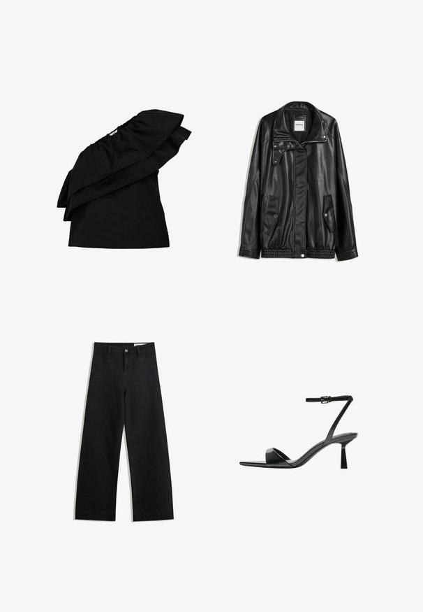 Crna kožna jakna s patentnim zatvaračem sprijeda, zatvaračem na gumbe, dvjema bočnim džepovima i elastičnim rubom. Ima strukturirani ovratnik i glatku teksturu.; Object ONE-SHOULDER - Bluza - black; Crne široke traperice s visokim strukom, s prednjim i stražnjim džepovima, šivenim šavovima i kopčanjem na gumb. Glatka tekstura.; Bershka Sandale s visokom petom - black