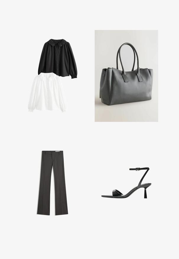 Sort læderjakke med lynlås foran, trykknaplukning, to sidelommer og elastisk kant. Har en struktureret krave og glat overflade.; To bluser med krave: en sort og en hvid; begge med puffede ærmer, knaplukning foran og flæsekant ved kraven. Lavet af bomuldsstof.; Grå flagrende bukser i et glat stof, med flad front, bæltestropper og en skræddersyet design med rene linjer.; Bershka Højhælede sandaletter / Højhælede sandaler - black; Grå læderhand bag med dobbelte håndtag, rektangulær form, glat tekstur og minimalistisk design. Har flade sidepaneler og diskret syning.