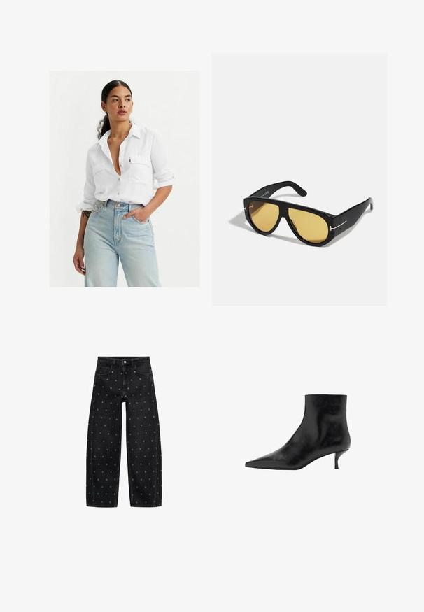 Giubbotto in pelle nera con zip frontale, chiusura a bottoni a pressione, due tasche laterali e orlo elasticizzato. Presenta un colletto strutturato e una texture liscia.; Camicia bianca con bottoni davanti, due tasche sul petto, maniche arrotolate e una vestibilità rilassata, abbinata a jeans azzurri a vita alta e accessori minimal.; Top a maniche lunghe nero a costine abbinato a jeans blu larghi. I jeans presentano un design classico a cinque tasche e una chiusura con bottone.; Jeans a gamba larga in denim nero con un motivo di piccoli occhielli in argento, dotati di un classico design a cinque tasche e chiusura con bottone.; Stivale alla caviglia in pelle nera con punta affusolata, tacco a kitten slim e superficie liscia. Design semplice, senza decorazioni.; Occhiali da sole neri con montatura geometrica, lenti gialle e dettagli dorati sulle stanghette. Texture liscia, forma ampia, design contemporaneo.