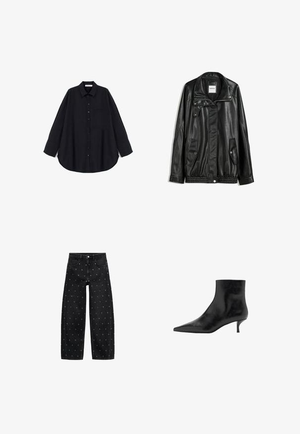 Mustat nahkatakki vetoketjulla edessä, napilla suljettava, kahdella sivutaskulla ja elastisella helmalla. Ominaisuuksiin kuuluu muotoiltu kaulus ja sileä pinta.; Mustat napitettava paita, joka on valmistettu teksturoidusta kankaasta. Varustettu teräväkauluksella, pitkillä hihoilla, rintataskulla ja kaarevalla helman muotoilulla.; Mustat farkut, joissa on leveät lahkeet ja pieniä hopeisia niittejä, klassinen viisi-taskuinen muotoilu ja nappisuljenta edessä.; Musta nahkasaapas nilkkamittaisella, teräväkärkisellä, kapealla kitten-korkealla ja sileällä pinnalla. Yksinkertainen muotoilu, ei koristeellisia yksityiskohtia.