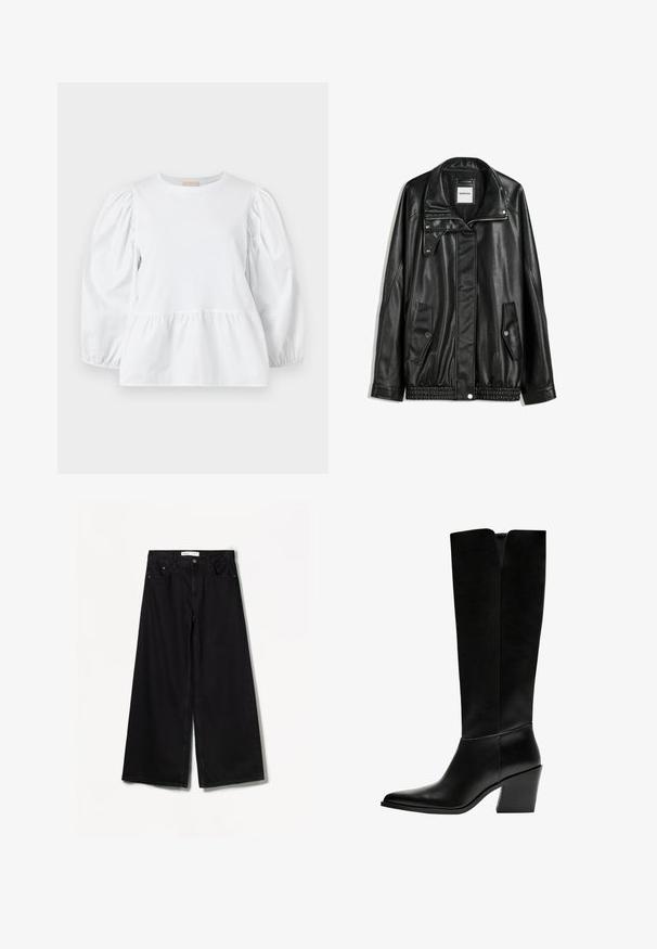 Schwarze Lederjacke mit Reißverschluss vorne, Knopfverschluss, zwei seitlichen Taschen und elastischem Saum. Verfügt über einen strukturierten Kragen und eine glatte Textur.; Weißes Blusenshirt mit rundem Ausschnitt, gepufften langen Ärmeln und einem gestuften Rüschensaum. Hergestellt aus glattem Stoff ohne sichtbare Muster oder Beschläge.; Bershka WIDE-LEG - Wide Leg - black; Schwarze kniehohe Stiefel aus glattem Leder, mit spitzem Schuhbund, einem Blockabsatz und einem V-förmigen Ausschnitt an der Oberseite.
