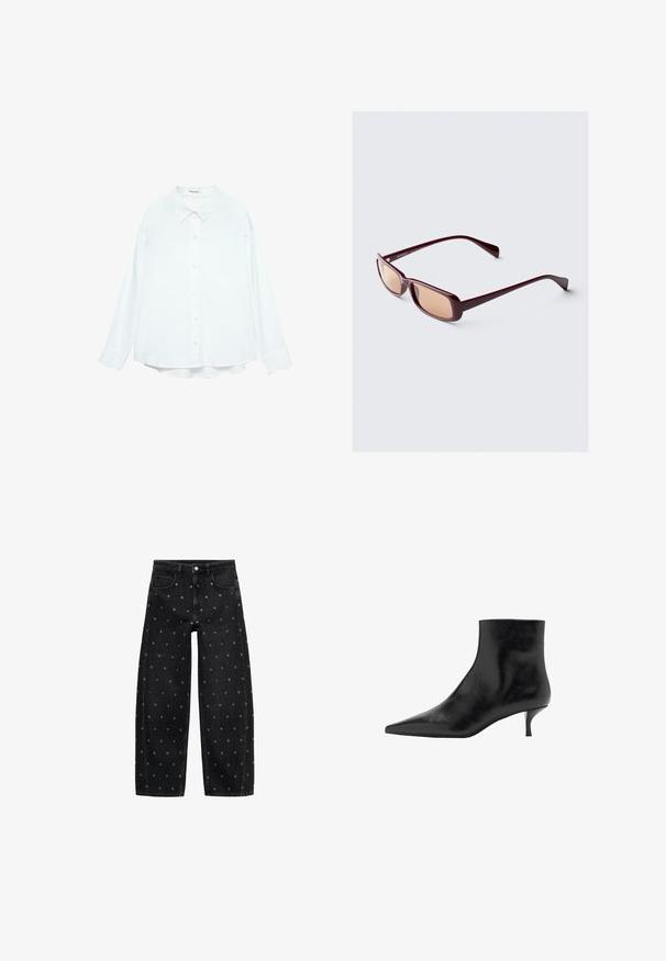 Schwarze Lederjacke mit Reißverschluss vorne, Knopfverschluss, zwei seitlichen Taschen und elastischem Saum. Verfügt über einen strukturierten Kragen und eine glatte Textur.; Weißes Hemd mit klassischem Kragen, langen Ärmeln und lockerer Passform. Weicher Stoff mit glatter Textur, ohne Muster oder Akzente.; Schwarze Jeans mit weitem Bein aus Denim, verziert mit einem Muster aus kleinen silbernen Ösen, klassischem Fünf-Taschen-Design und Knopfverschluss vorne.; Schwarze Lederstiefelette mit spitz zulaufender Zehenpartie, schlankem Kitten-Absatz und glatter Textur. Schlichtes Design, ohne dekorative Akzente.; Burgunderfarbene Sonnenbrille mit rechteckigem Rahmen, verlaufenden Gläsern und eleganten Bügeln. Das Material hat eine glatte, glänzende Oberfläche.