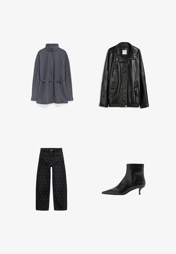 Zwarte leren jas met rits aan de voorkant, drukknopen-sluiting, twee zijzakken en elastische onderrand. Beschikt over een gestructureerde kraag en een gladde textuur.; Donkergrijze langemouwenjas met hoge kraag, twee knopen en een strikceintuur in de taille, weergegeven op een witte achtergrond.; Zwarte denim wide-leg jeans met een patroon van kleine zilveren oogjes, met een klassieke vijf-pocket design en een knoopsluiting aan de voorkant.; Zwarte leren enkelboot met een puntige neus, slanke kittenhak en een gladde textuur. Eenvoudig ontwerp, geen decoratieve accenten.